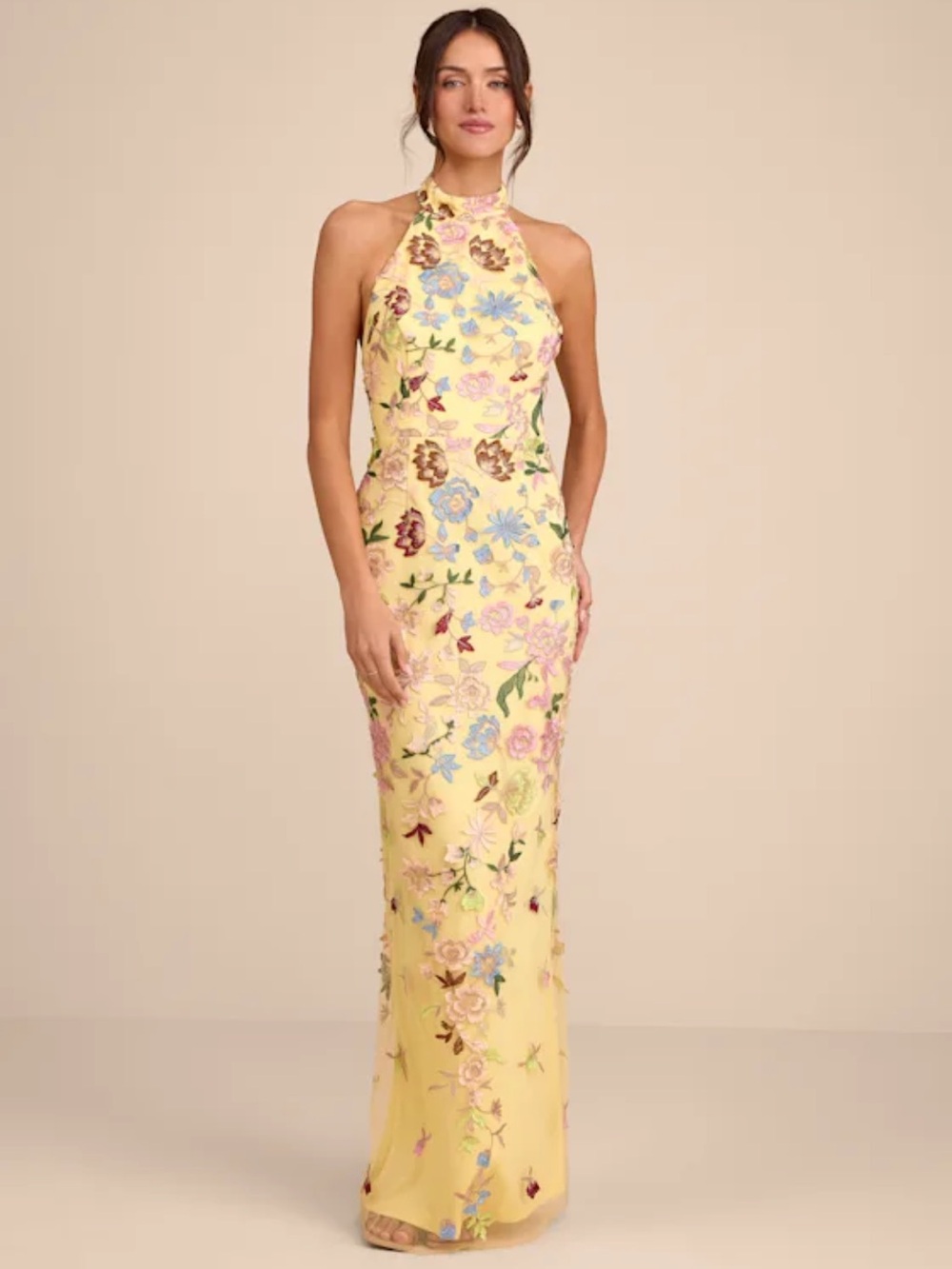 Lulus Yellow Infinite Praise 3D Floral Embroidered Mesh Halter Maxi Dress NWT S